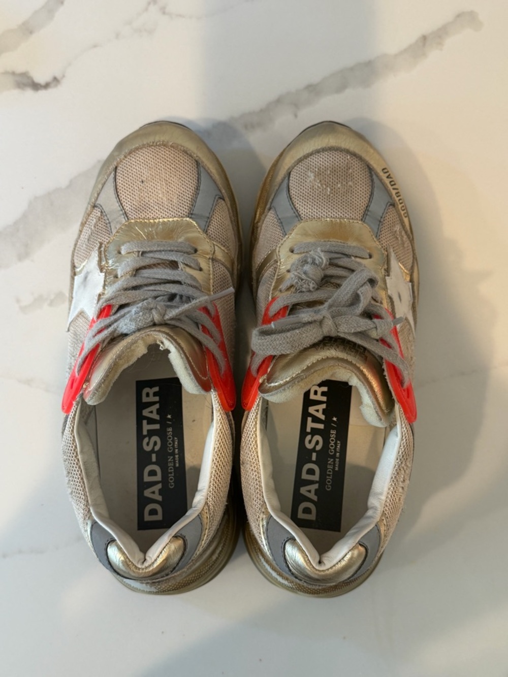 Golden Goose Dadstar Metallic Gold Sneakers with Red orange Eyelet Accents - Picture 7 of 9